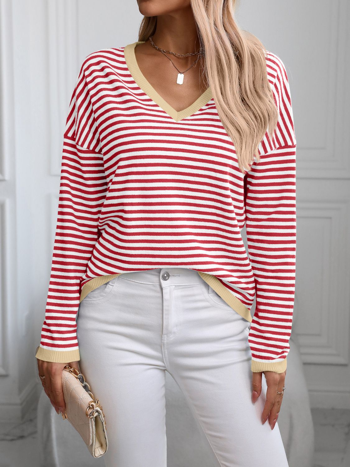 Contrast Trim Striped V - Neck Long Sleeve Knit Top - Creative Designs by Shanny