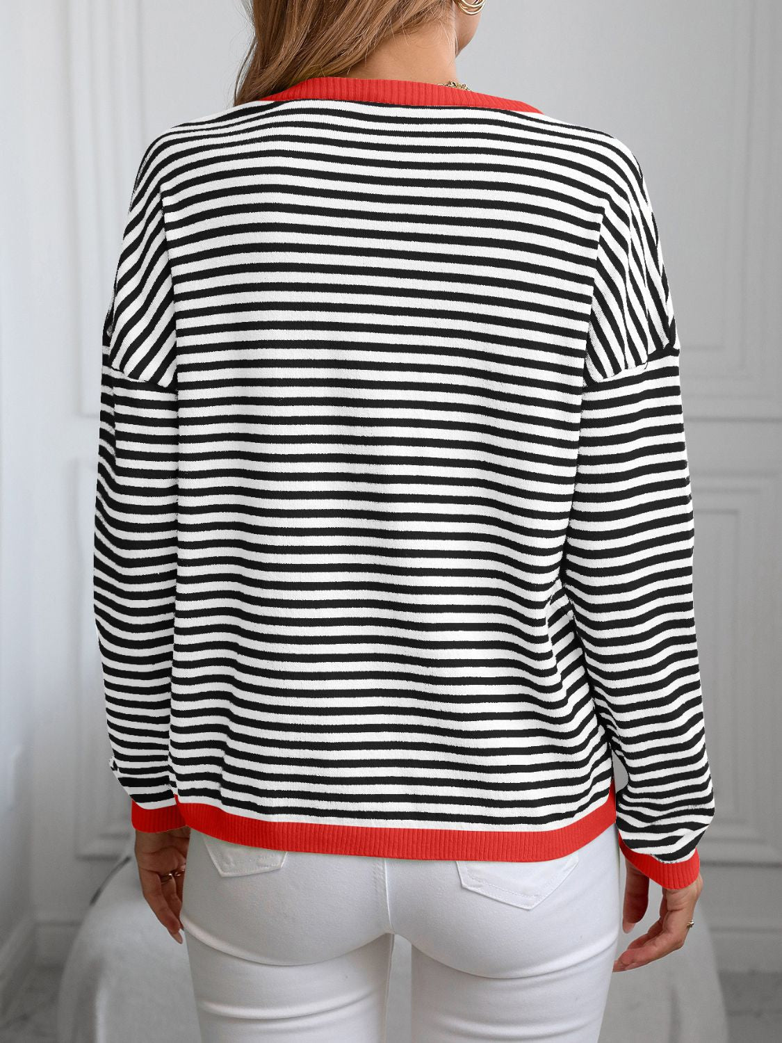 Contrast Trim Striped V - Neck Long Sleeve Knit Top - Creative Designs by Shanny