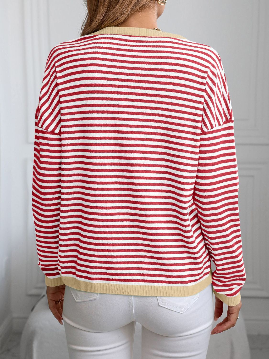 Contrast Trim Striped V - Neck Long Sleeve Knit Top - Creative Designs by Shanny