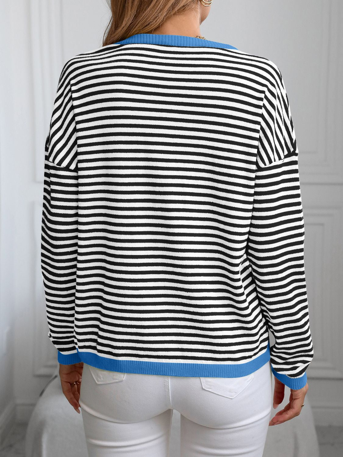 Contrast Trim Striped V - Neck Long Sleeve Knit Top - Creative Designs by Shanny