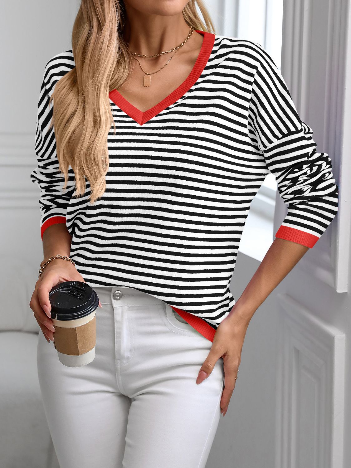 Contrast Trim Striped V - Neck Long Sleeve Knit Top - Creative Designs by Shanny