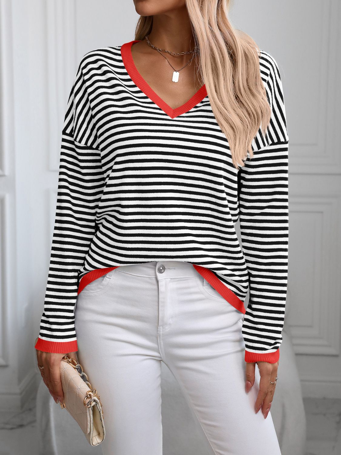 Contrast Trim Striped V - Neck Long Sleeve Knit Top - Creative Designs by Shanny