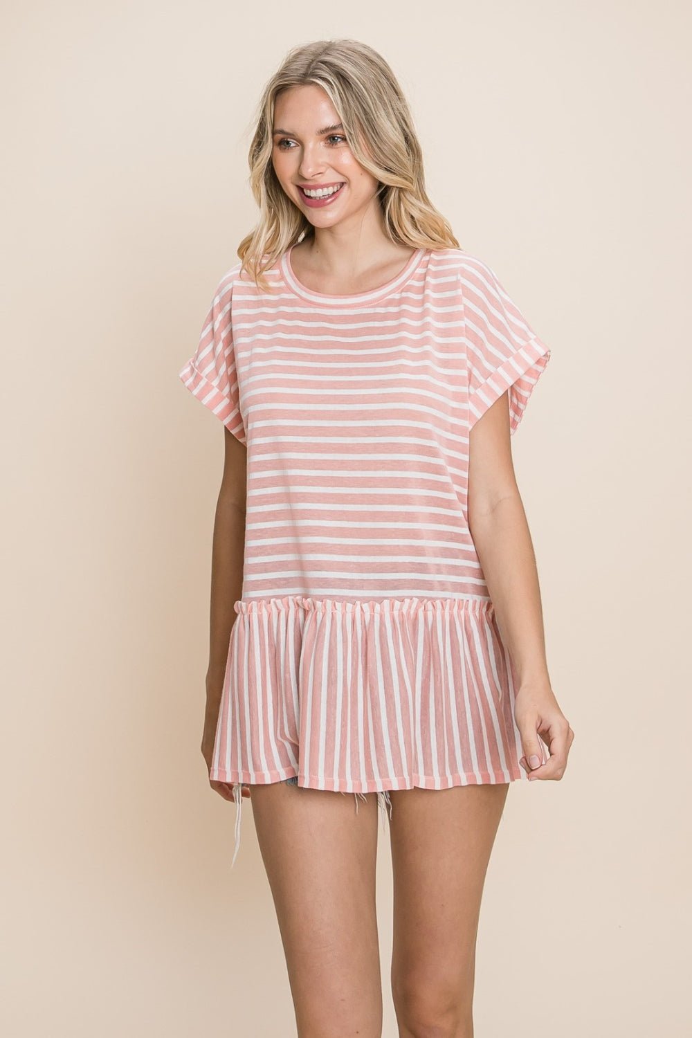 Cotton Bleu by Nu Label Striped Ruffled Short Sleeve Top - Creative Designs by Shanny