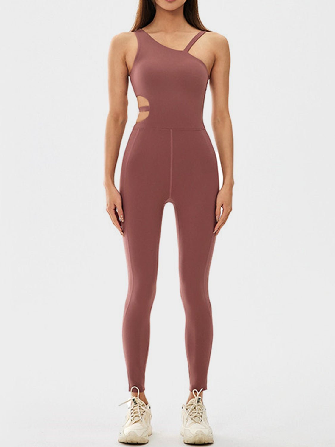 Cutout Asymmetrical Neck Active Jumpsuit - Creative Designs by Shanny