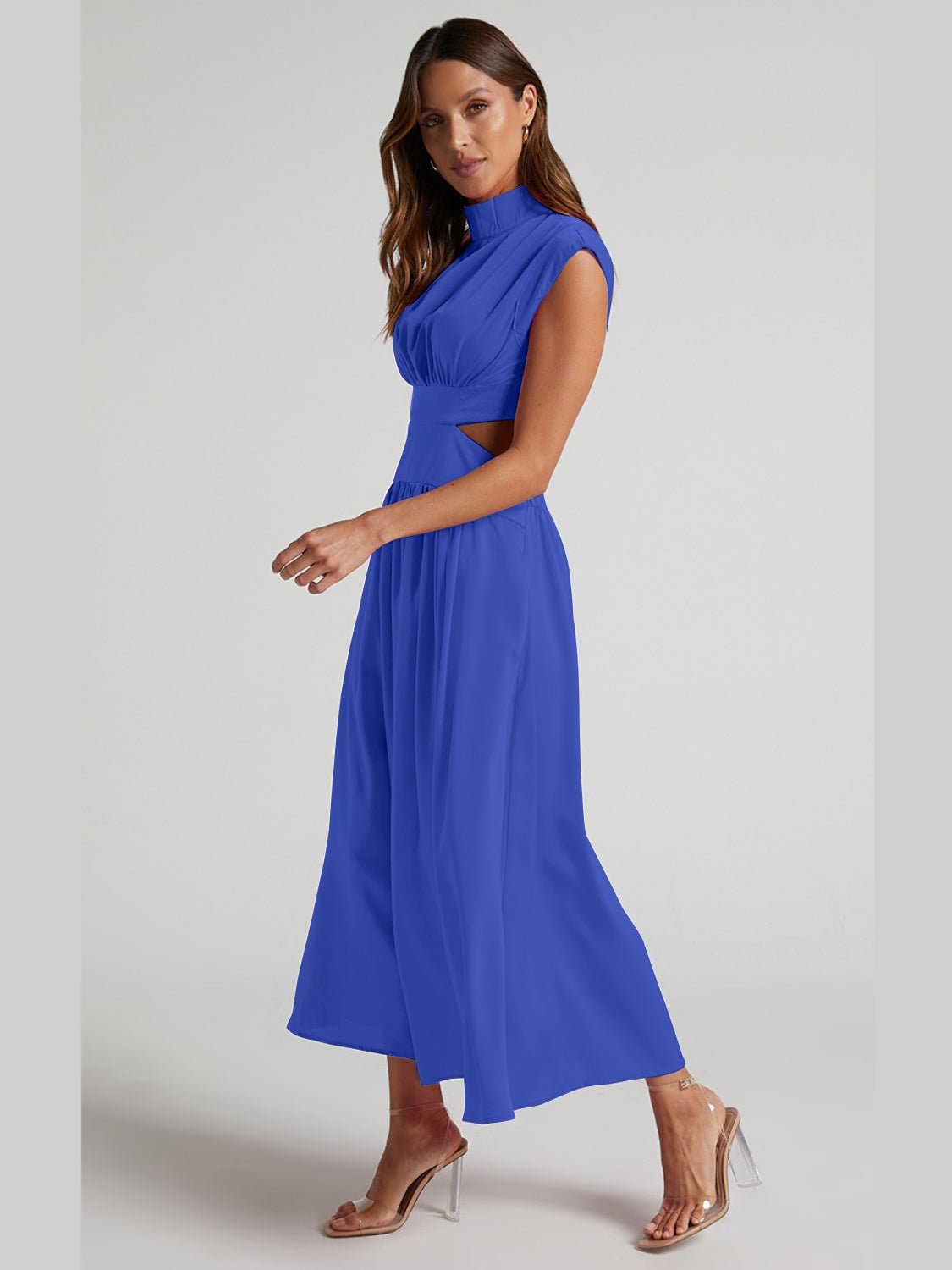 Cutout Mock Neck Sleeveless Ruched Dress - Creative Designs by Shanny