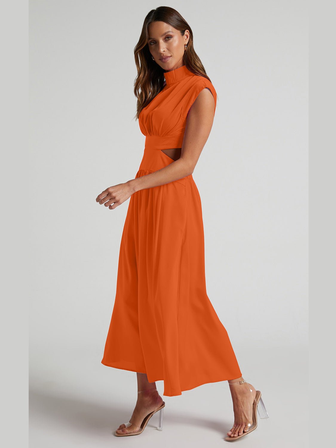 Cutout Mock Neck Sleeveless Ruched Dress - Creative Designs by Shanny