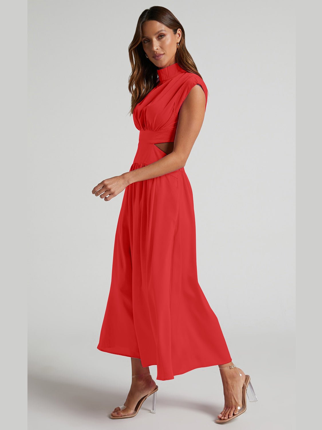 Cutout Mock Neck Sleeveless Ruched Dress - Creative Designs by Shanny