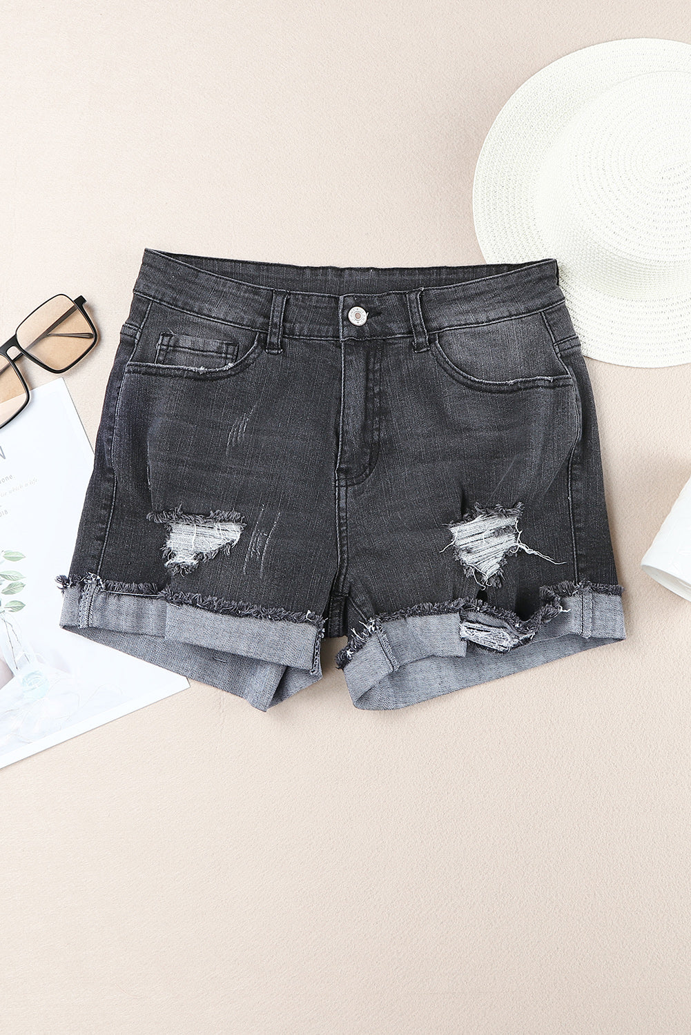 Light Blue Casual Ripped Rolled Hem Denim Shorts