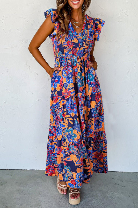 Dark Blue Boho Floral V Neck Ruffle Tiered Long Dress - Creative Designs by Shanny