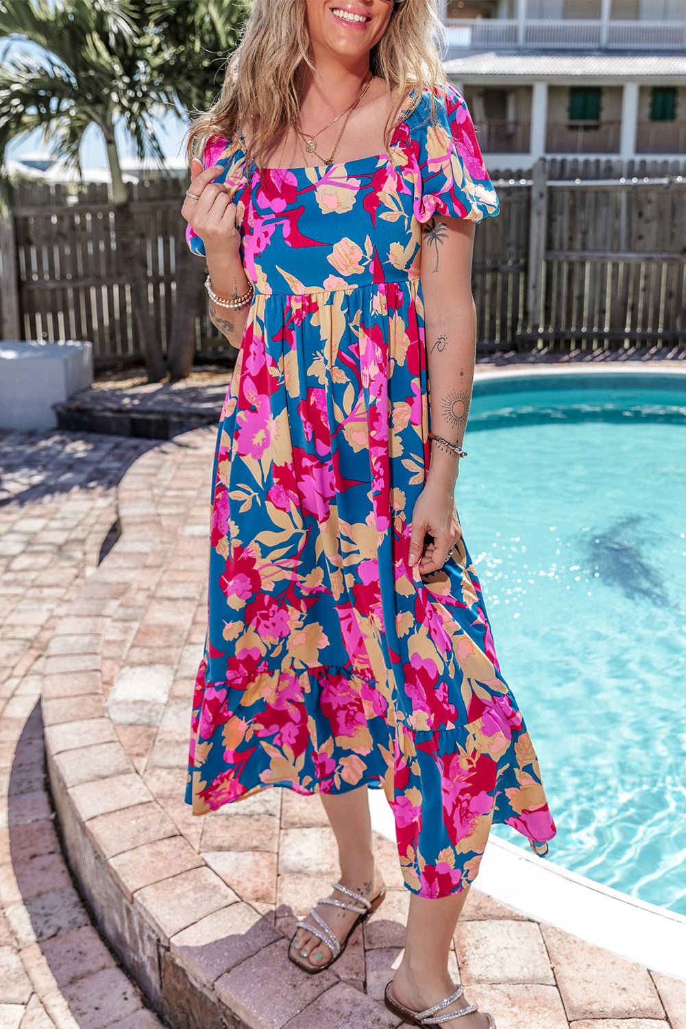 Dark Blue Square Neck Bubble Sleeve Ruffled Floral Dress - Creative Designs by Shanny