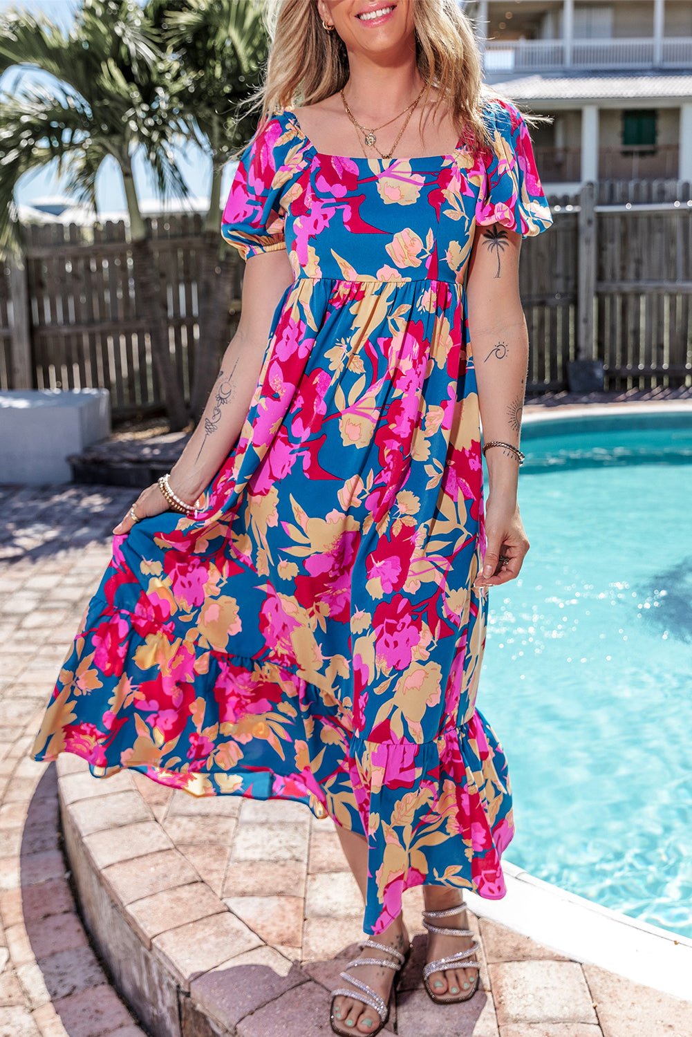 Dark Blue Square Neck Bubble Sleeve Ruffled Floral Dress - Creative Designs by Shanny