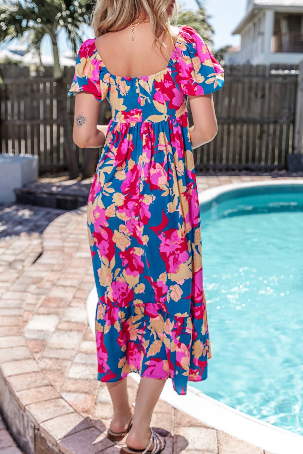 Dark Blue Square Neck Bubble Sleeve Ruffled Floral Dress - Creative Designs by Shanny