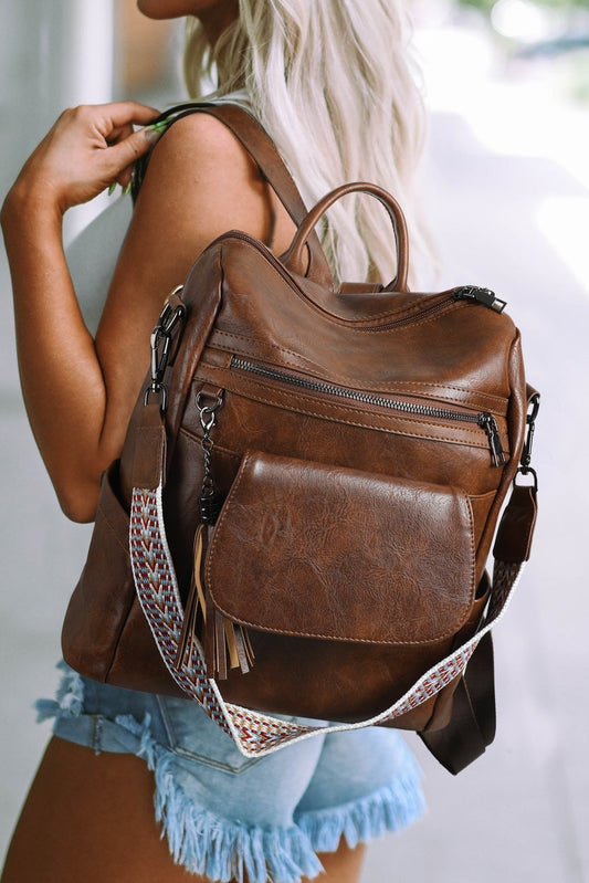 Dark Brown Tassel Decor Retro PU Large Capacity Backpack - Creative Designs by Shanny