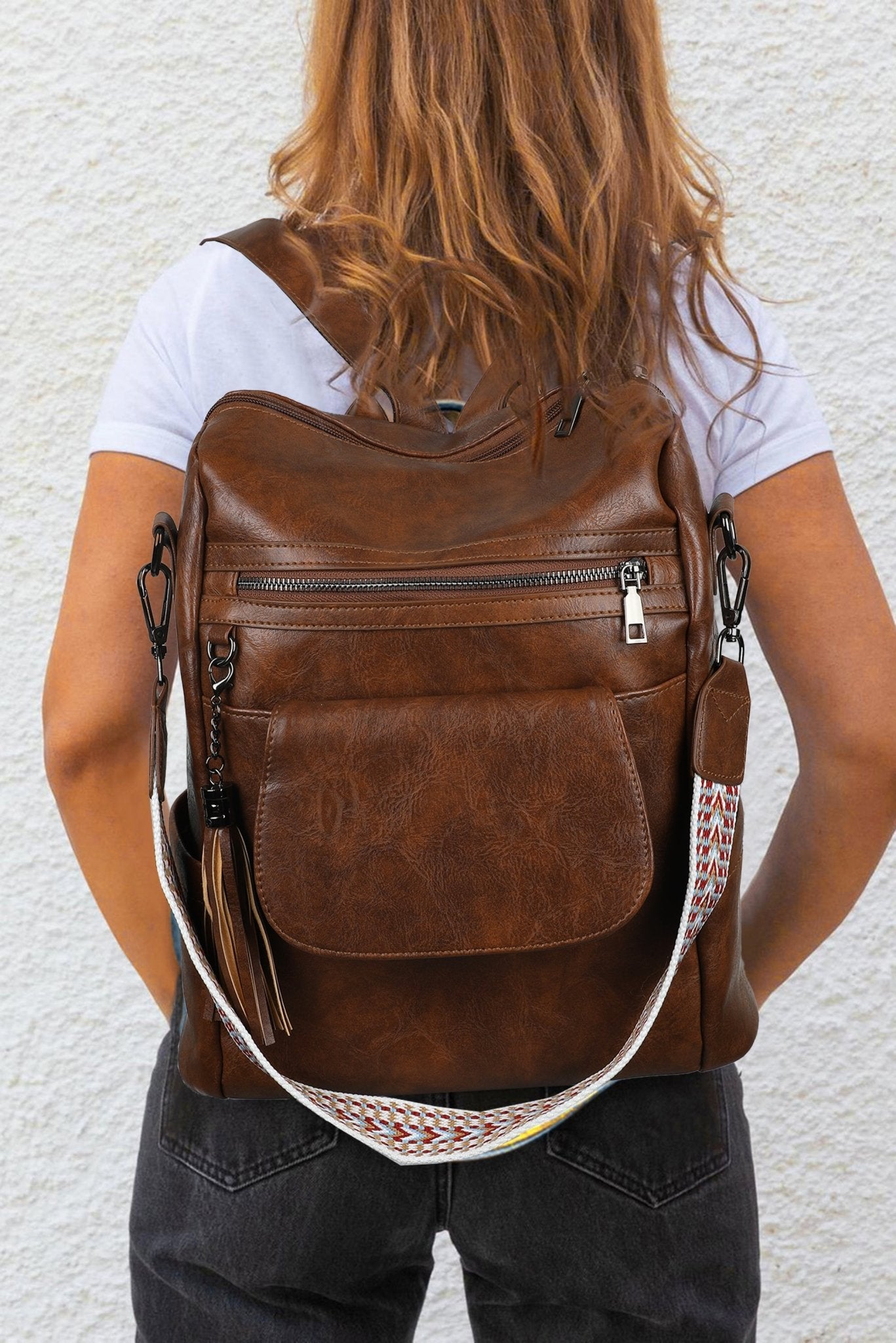 Dark Brown Tassel Decor Retro PU Large Capacity Backpack - Creative Designs by Shanny