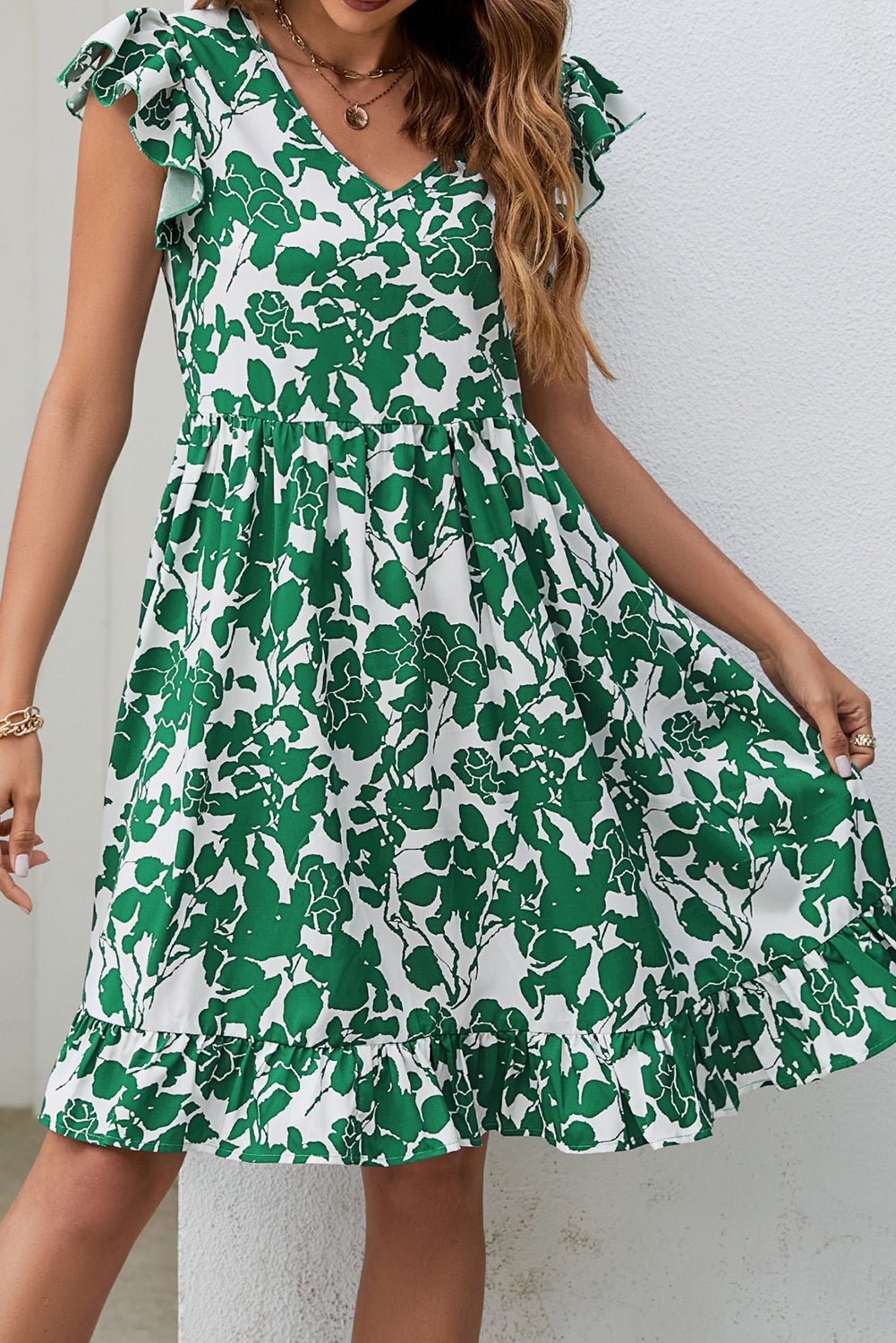 Dark Green Leaf Print V Neck Flutter Sleeve Dress - Creative Designs by Shanny