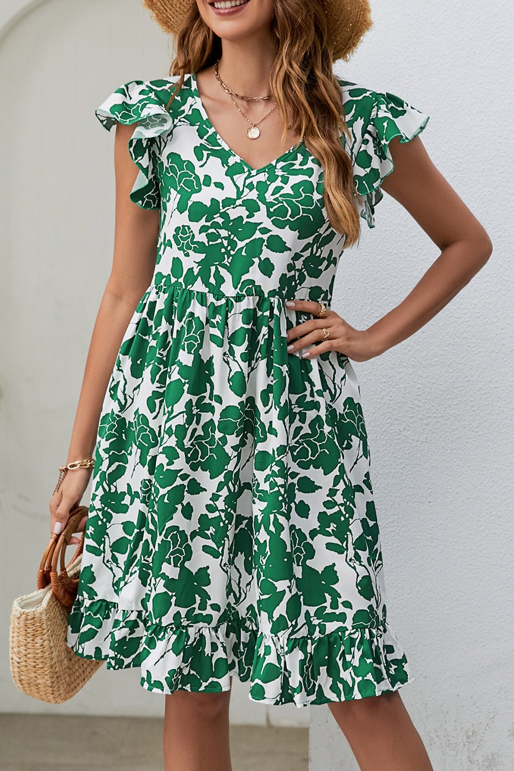 Dark Green Leaf Print V Neck Flutter Sleeve Dress - Creative Designs by Shanny