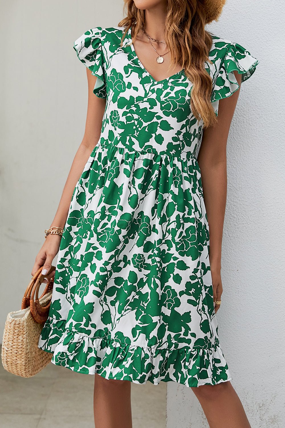 Dark Green Leaf Print V Neck Flutter Sleeve Dress - Creative Designs by Shanny