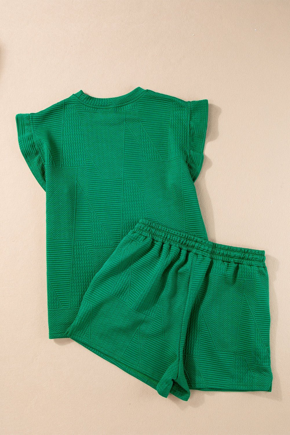 Dark Green Textured Ruffle Split Top and Drawstring Shorts - Creative Designs by Shanny