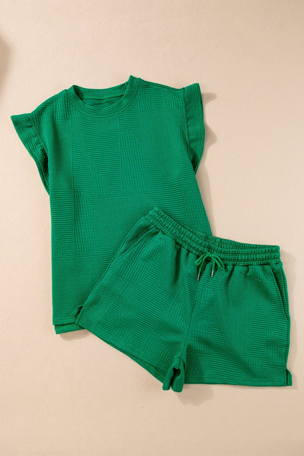 Dark Green Textured Ruffle Split Top and Drawstring Shorts - Creative Designs by Shanny