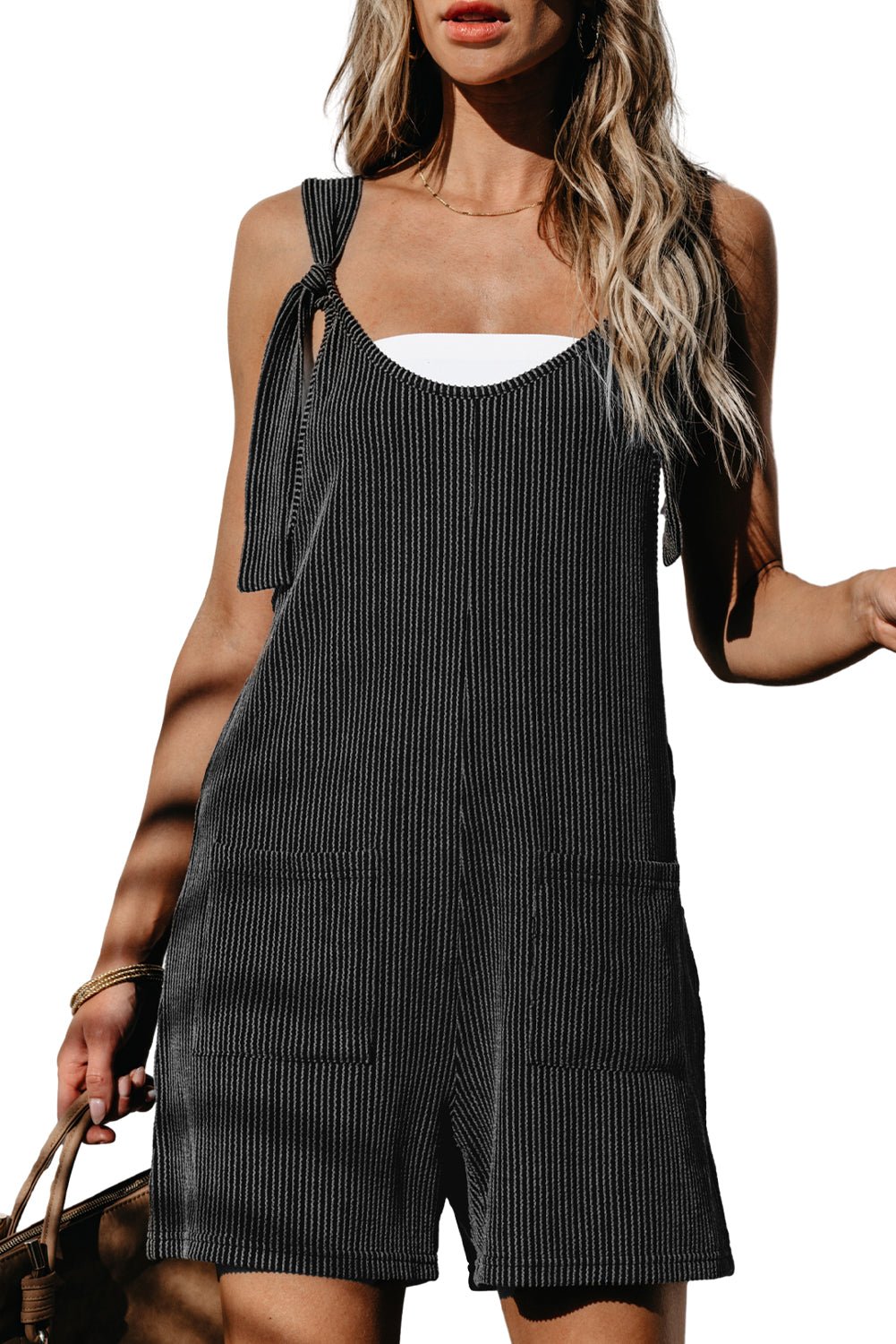 Dark Grey Striped Print Knotted Straps Pocketed Romper - Creative Designs by Shanny