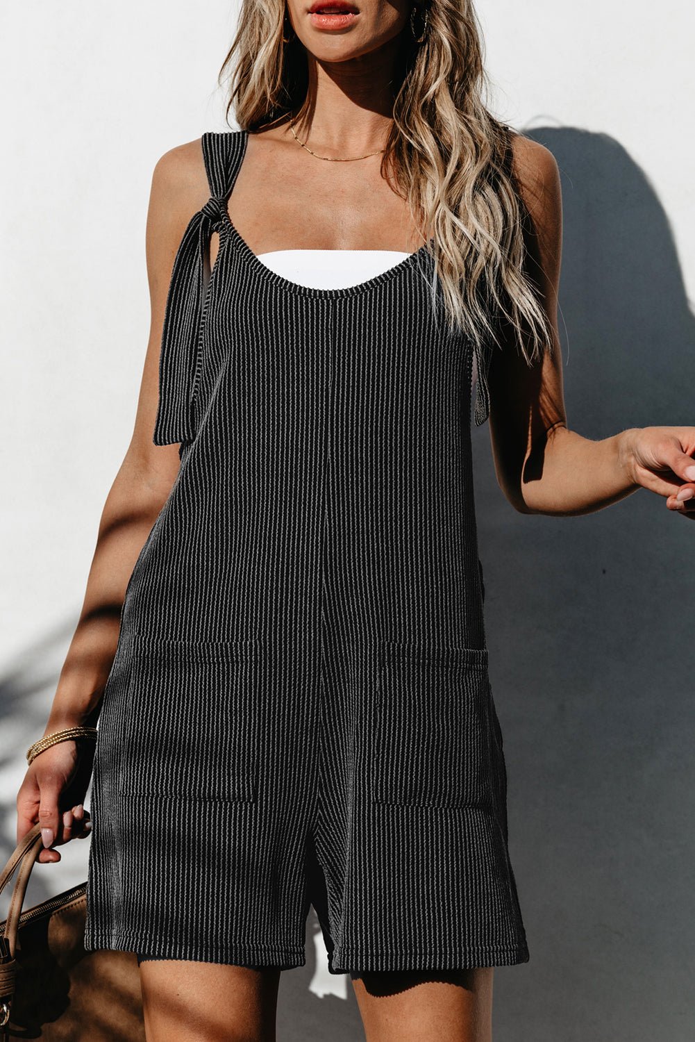 Dark Grey Striped Print Knotted Straps Pocketed Romper - Creative Designs by Shanny