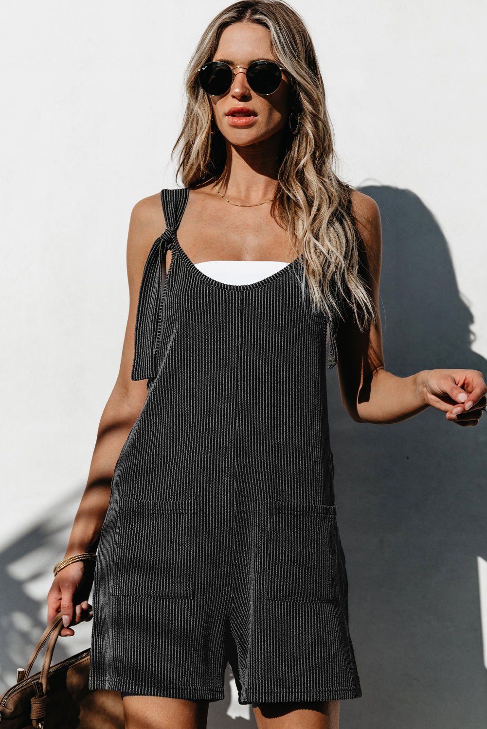 Dark Grey Striped Print Knotted Straps Pocketed Romper - Creative Designs by Shanny