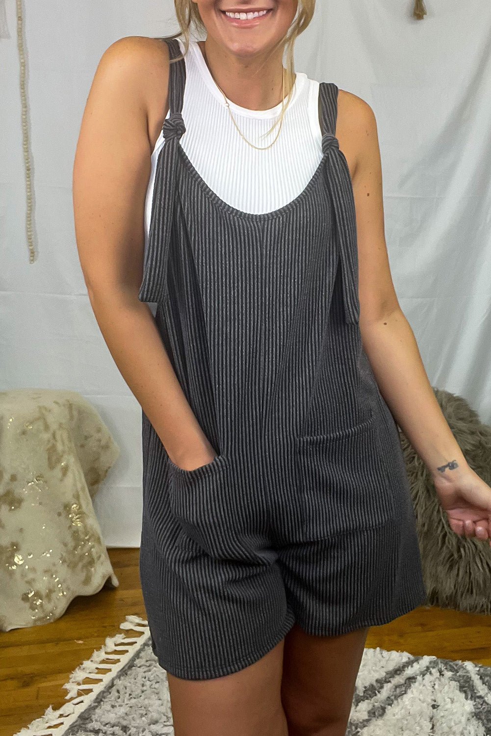 Dark Grey Striped Print Knotted Straps Pocketed Romper - Creative Designs by Shanny