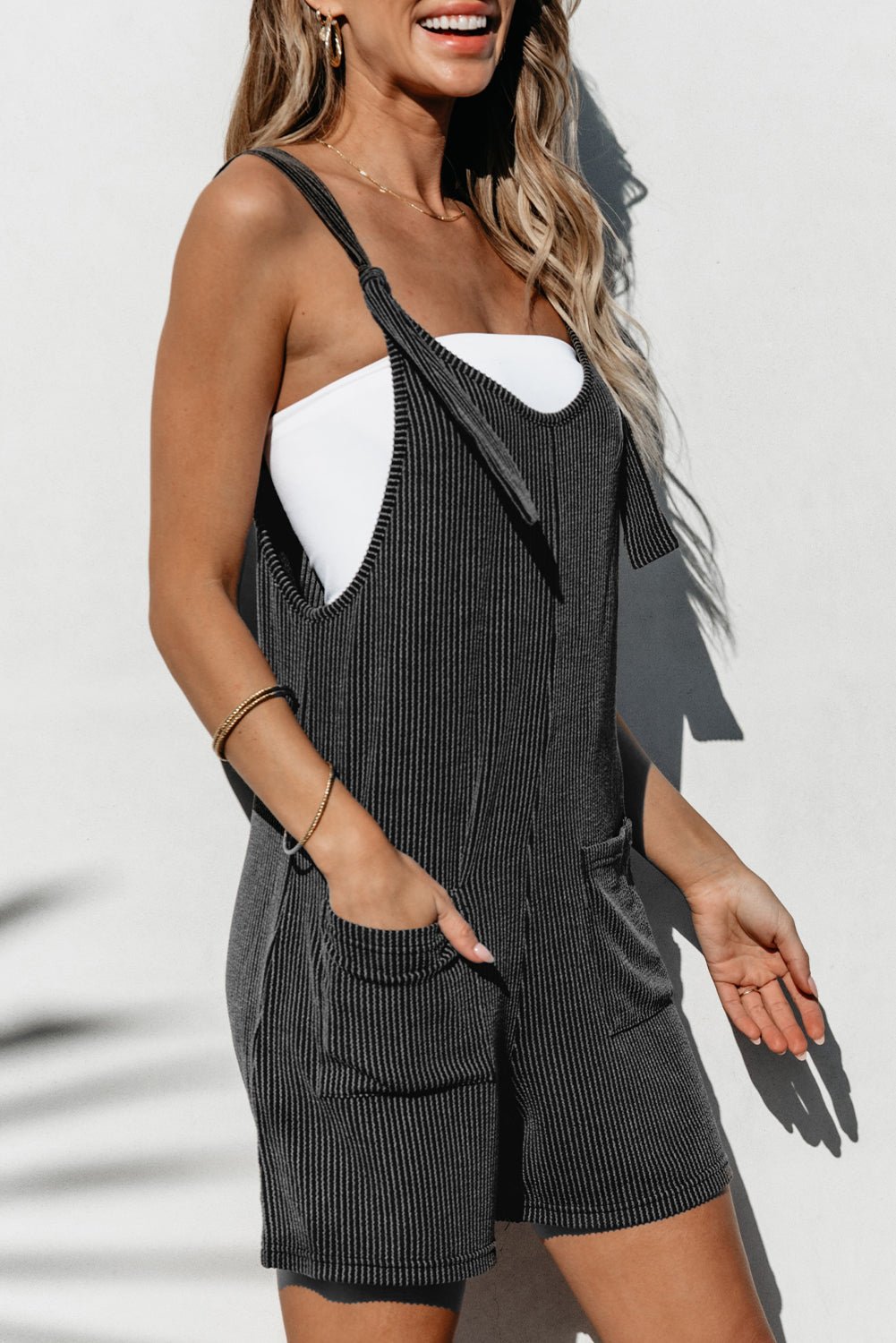 Dark Grey Striped Print Knotted Straps Pocketed Romper - Creative Designs by Shanny