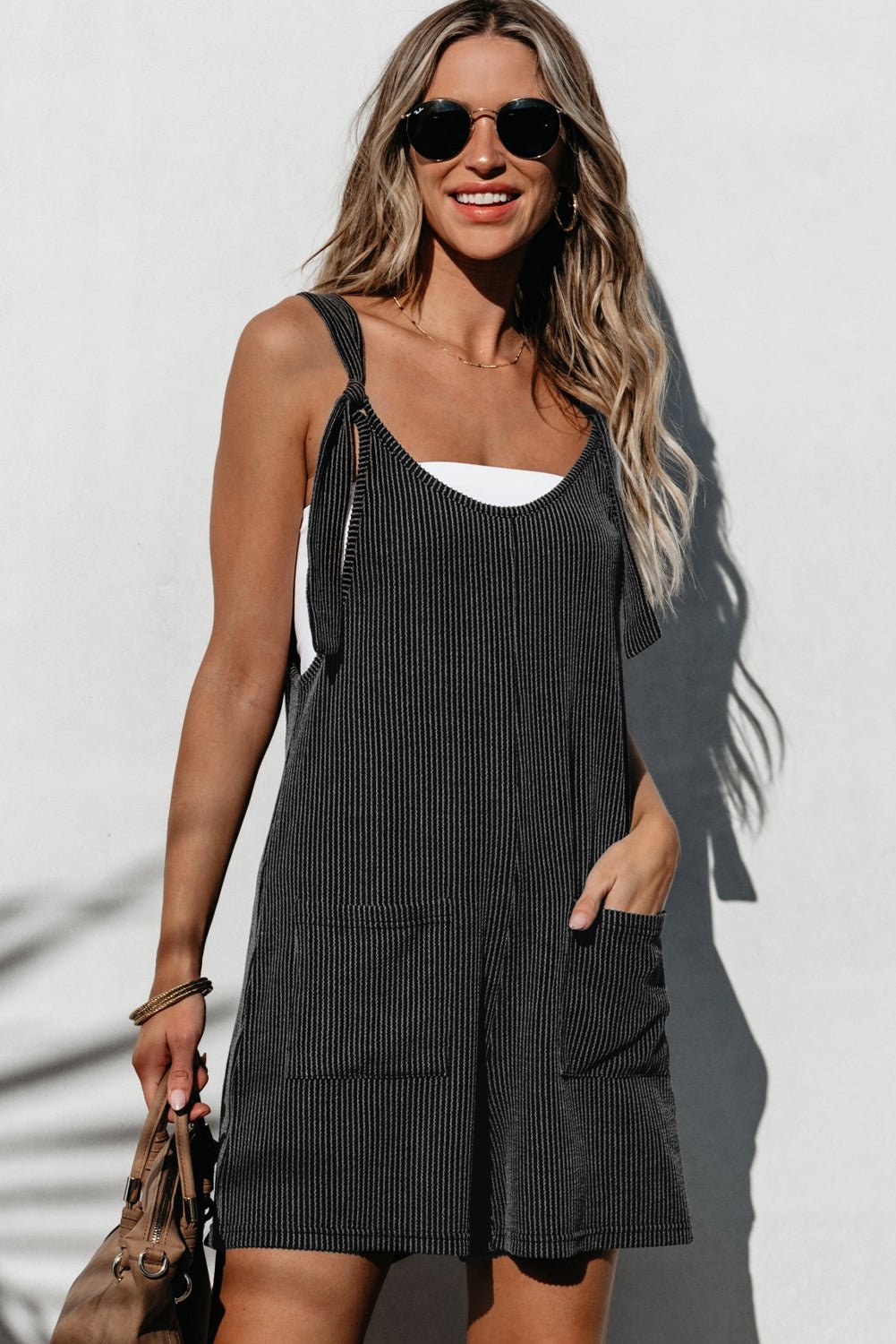 Dark Grey Striped Print Knotted Straps Pocketed Romper - Creative Designs by Shanny