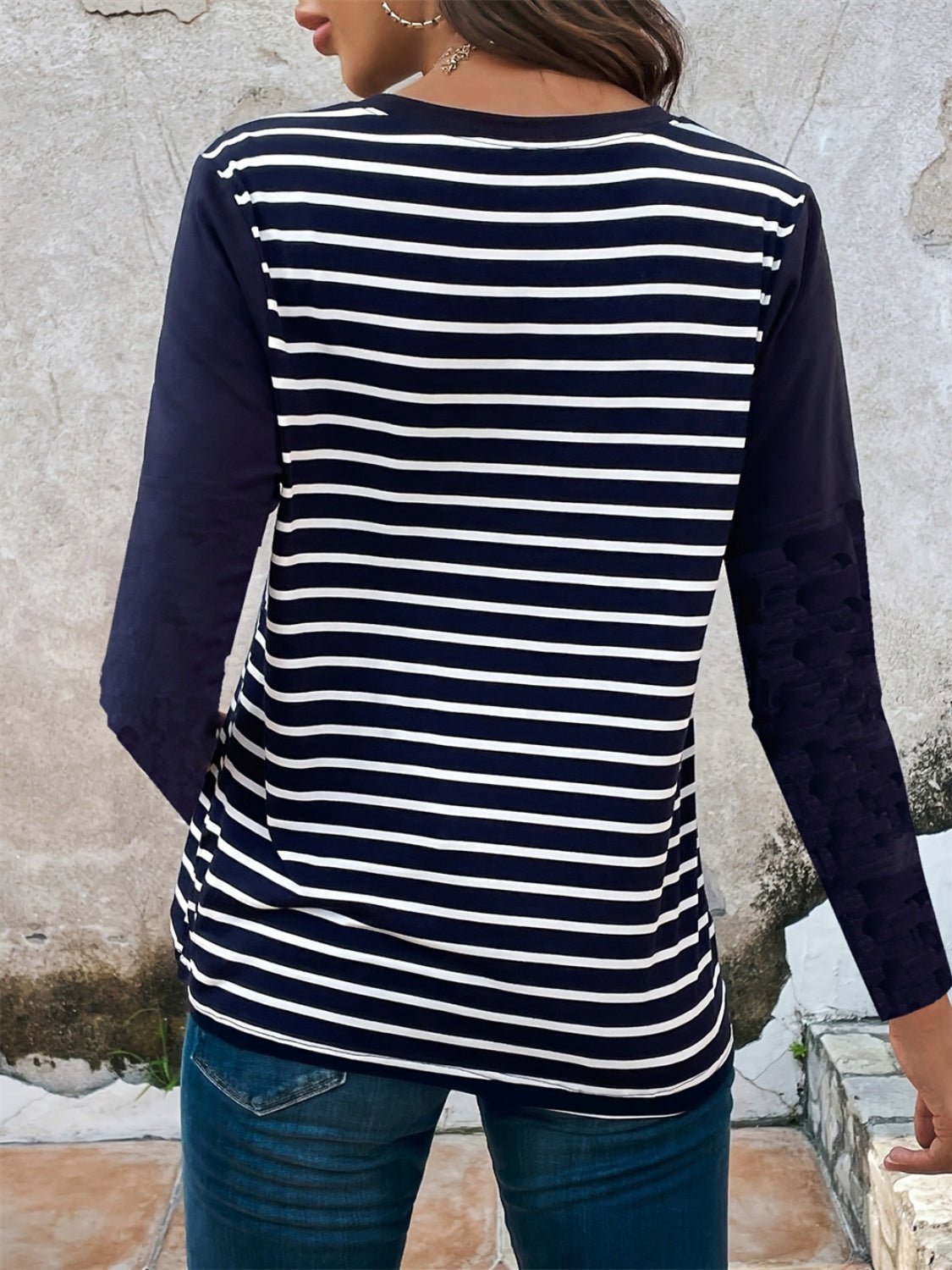 Decorative Button Striped Round Neck Long Sleeve T-Shirt - Creative Designs by Shanny