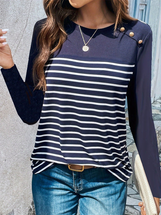 Decorative Button Striped Round Neck Long Sleeve T-Shirt - Creative Designs by Shanny