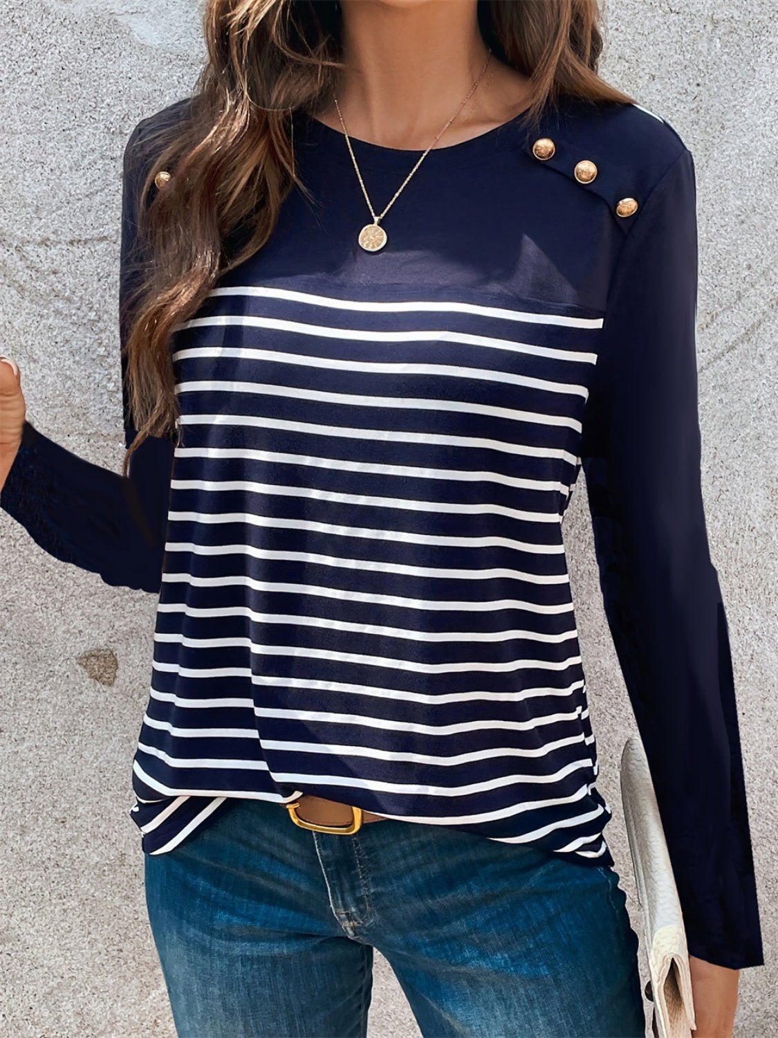 Decorative Button Striped Round Neck Long Sleeve T-Shirt - Creative Designs by Shanny