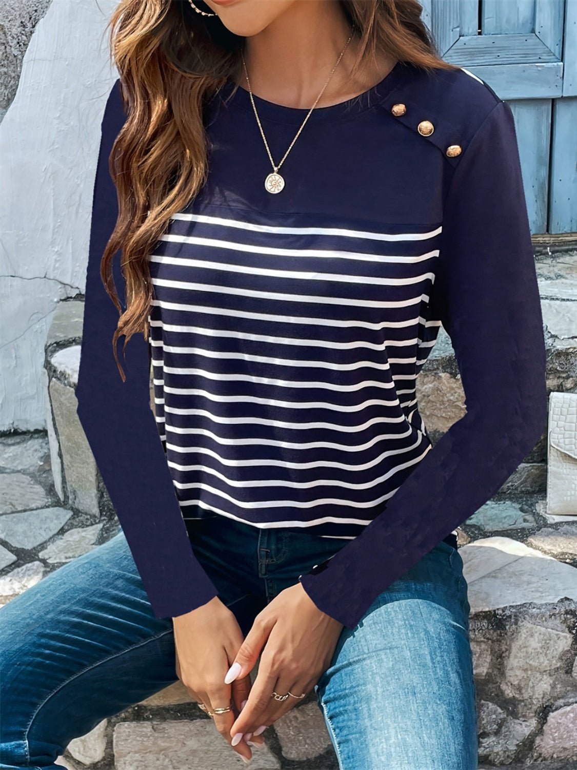 Decorative Button Striped Round Neck Long Sleeve T-Shirt - Creative Designs by Shanny