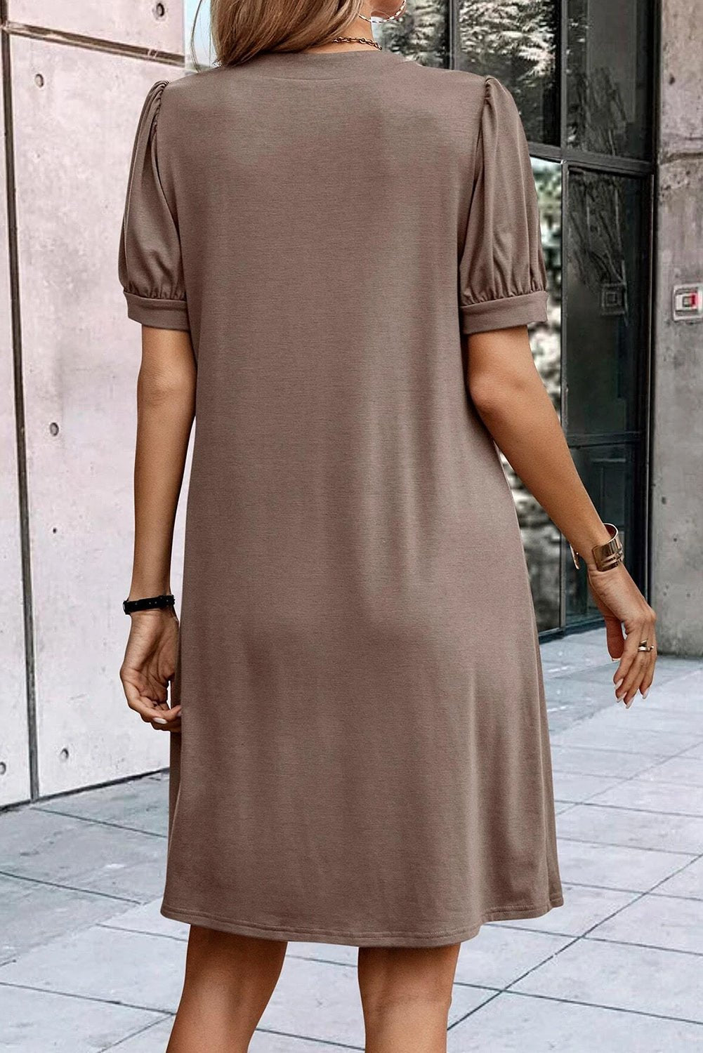 Desert Palm Notched Neck Pleated Puff Sleeve Shift T-shirt Dress - Creative Designs by Shanny