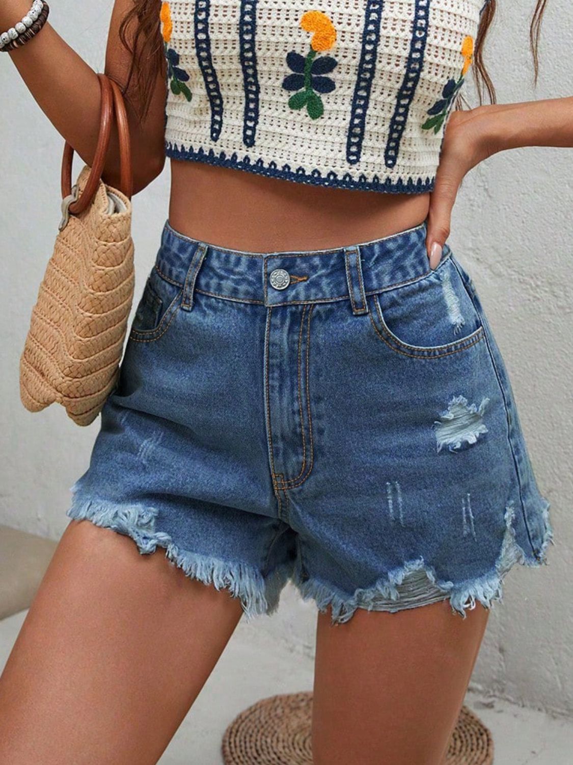 Distressed Raw Hem Denim Shorts - Creative Designs by Shanny