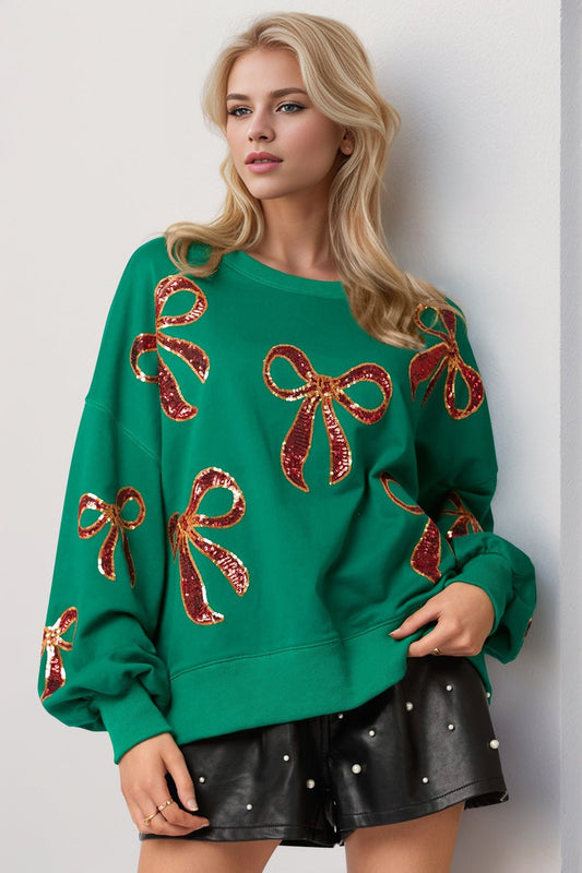 Double Take Christmas Bow Sequin Round Neck Dropped Shoulder Sweatshirt - Creative Designs by Shanny