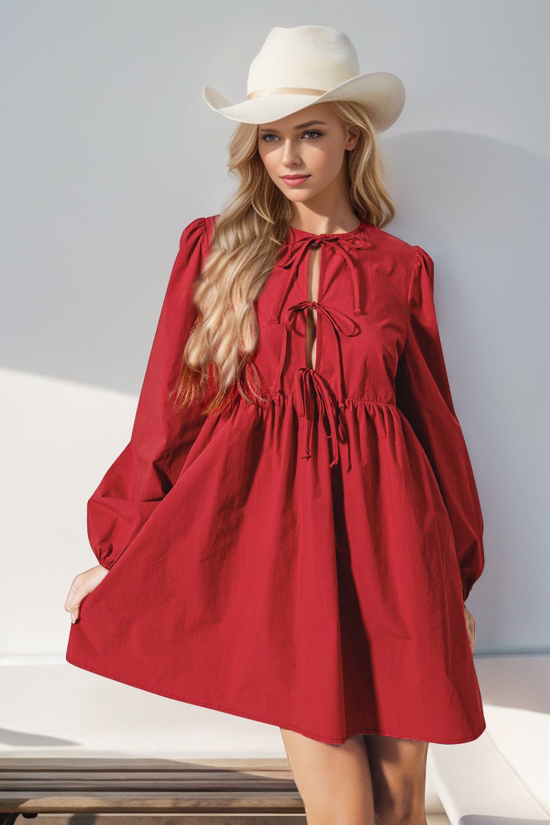 Double Take Christmas Front Tied Long Sleeve Mini Dress - Creative Designs by Shanny