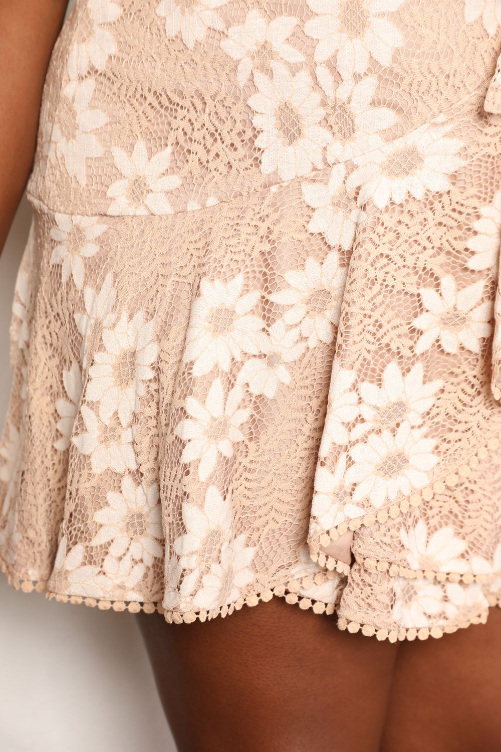 Double Take Floral Lace Pompom Detail Tie - Waist Flutter Sleeve Dress - Creative Designs by Shanny