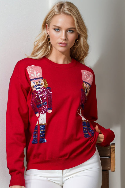 Double Take Full Size Nutcracker Sequin Long Sleeve Sweater - Creative Designs by Shanny