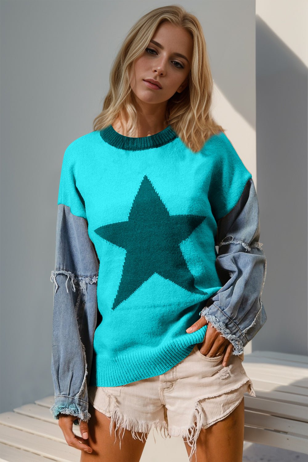 Double Take Full Size Star Pattern Raw Edge Long Sleeve Sweater - Creative Designs by Shanny