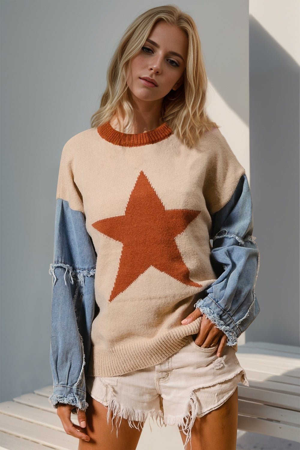 Double Take Full Size Star Pattern Raw Edge Long Sleeve Sweater - Creative Designs by Shanny