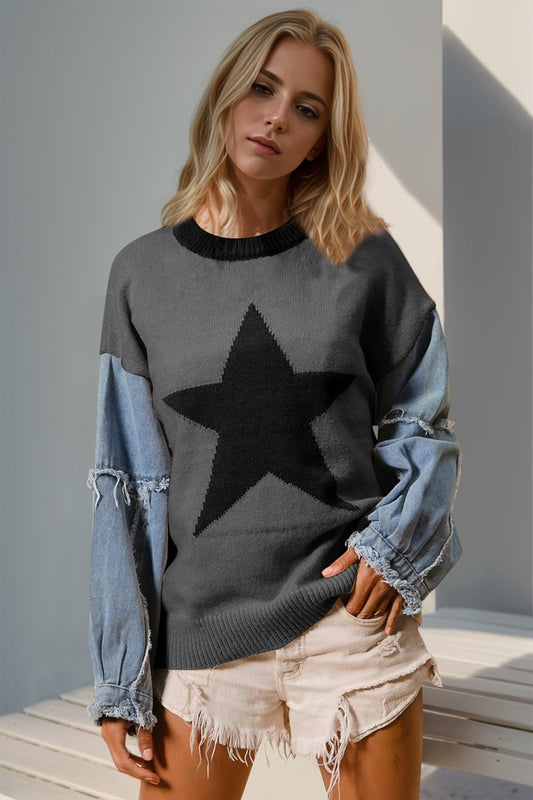 Double Take Full Size Star Pattern Raw Edge Long Sleeve Sweater - Creative Designs by Shanny