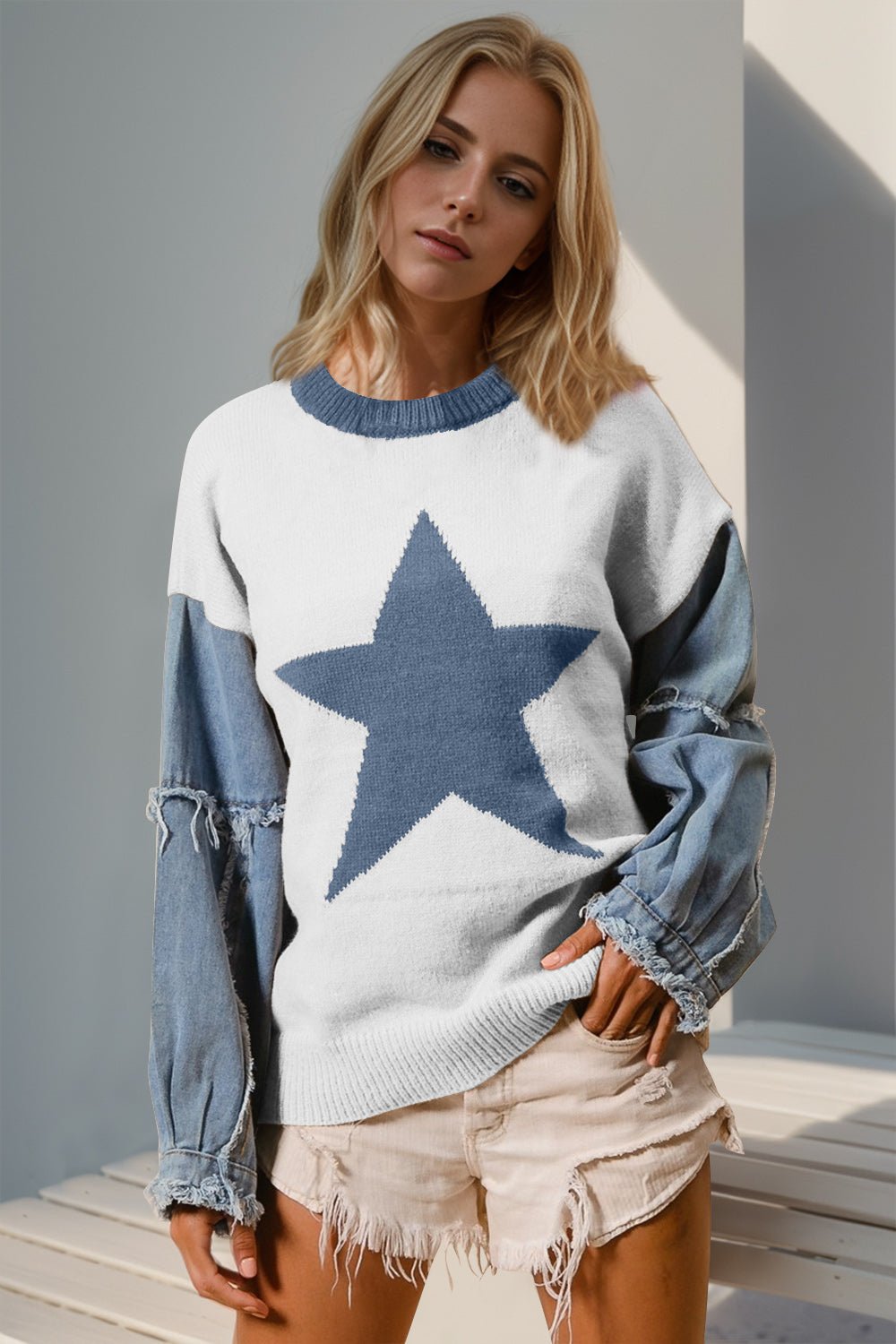 Double Take Full Size Star Pattern Raw Edge Long Sleeve Sweater - Creative Designs by Shanny