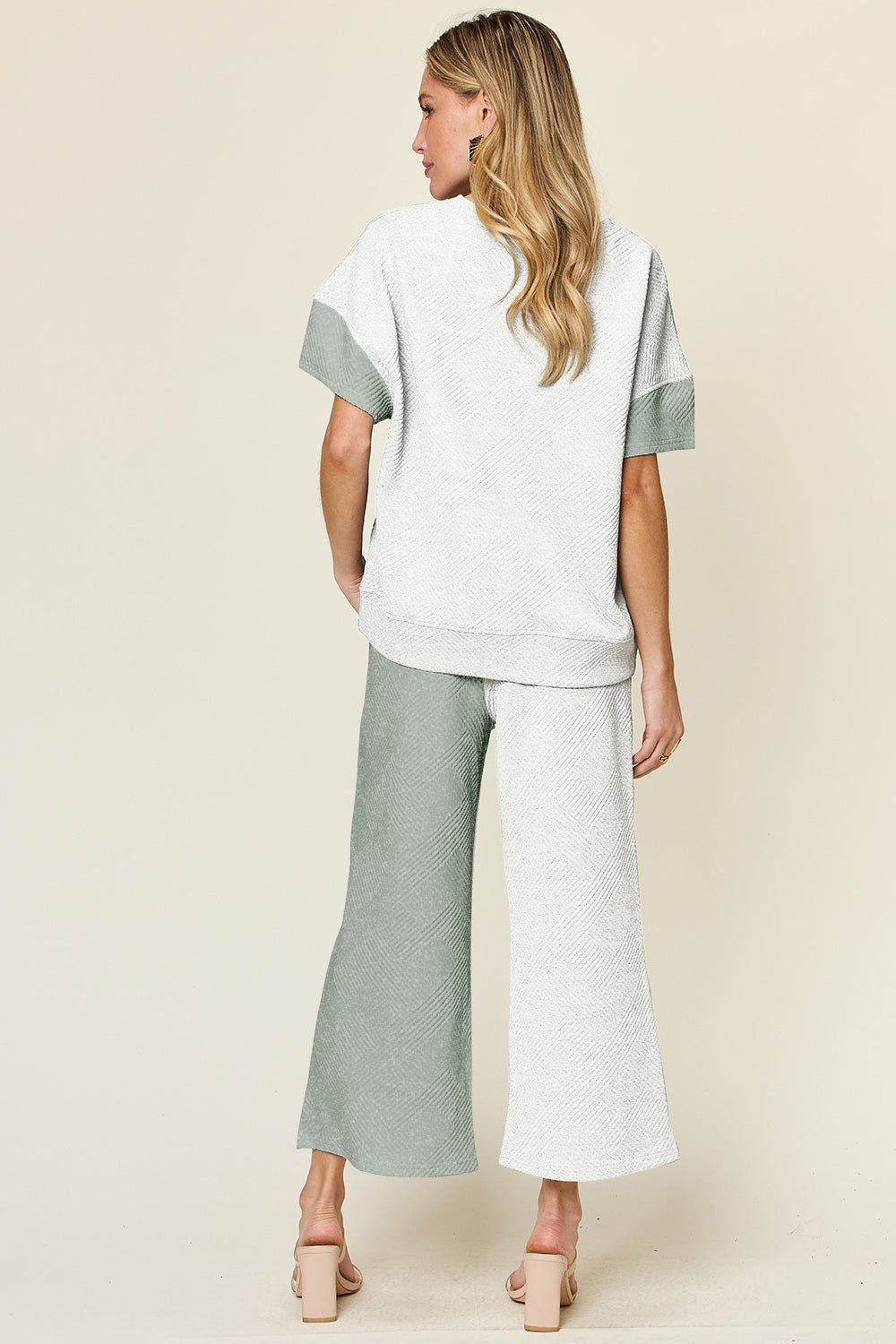 Double Take Full Size Texture Contrast T-Shirt and Wide Leg Pants Set - Creative Designs by Shanny