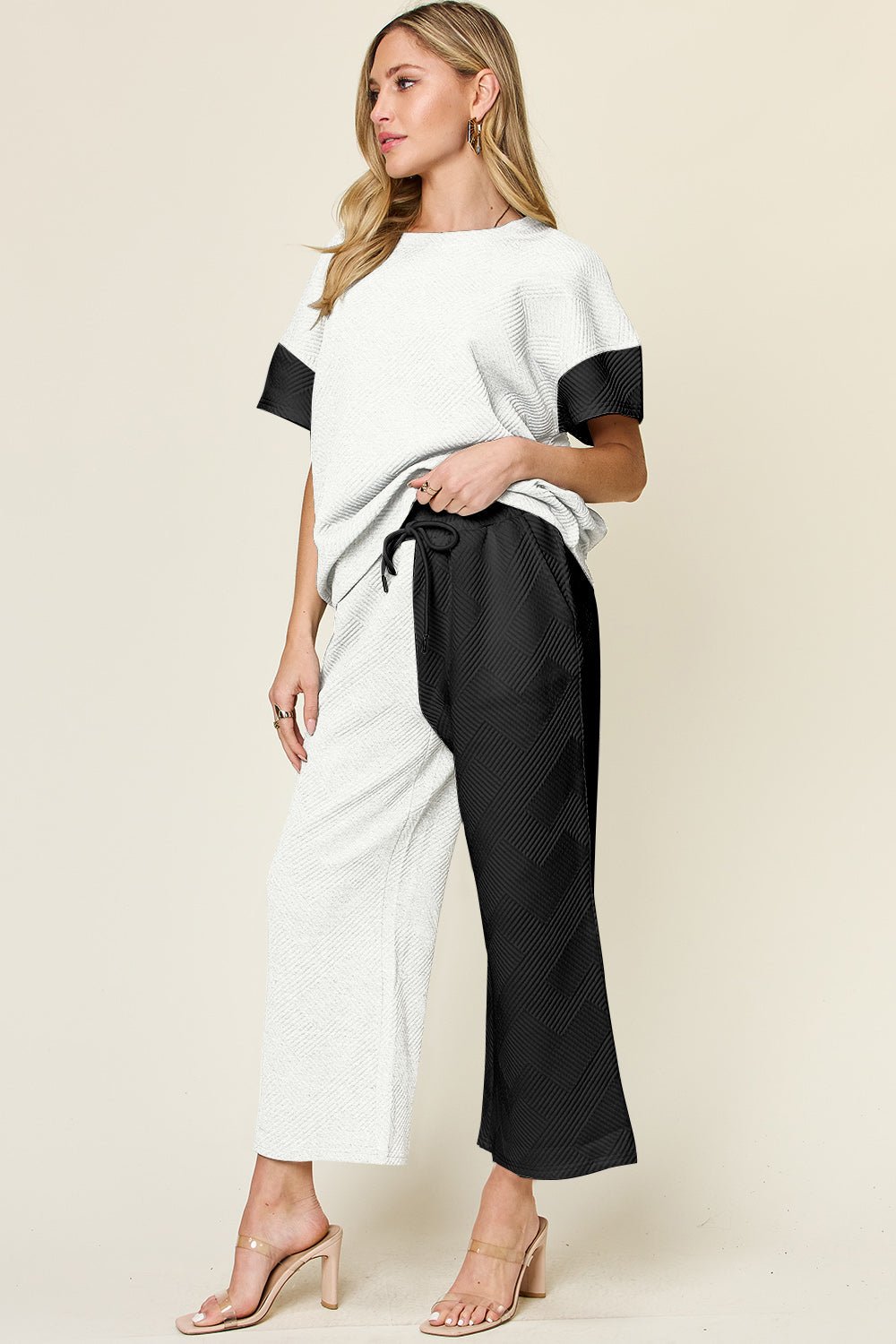 Double Take Full Size Texture Contrast T-Shirt and Wide Leg Pants Set - Creative Designs by Shanny