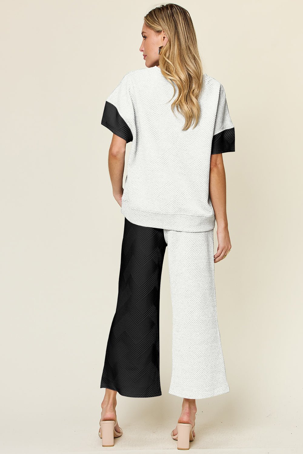 Double Take Full Size Texture Contrast T-Shirt and Wide Leg Pants Set - Creative Designs by Shanny