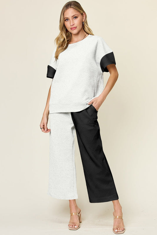 Double Take Full Size Texture Contrast T-Shirt and Wide Leg Pants Set - Creative Designs by Shanny