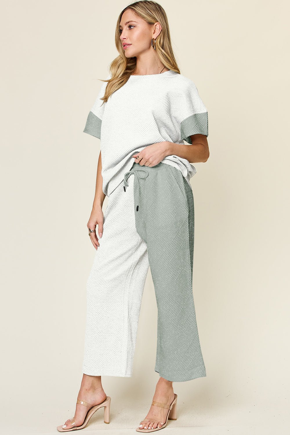 Double Take Full Size Texture Contrast T-Shirt and Wide Leg Pants Set - Creative Designs by Shanny