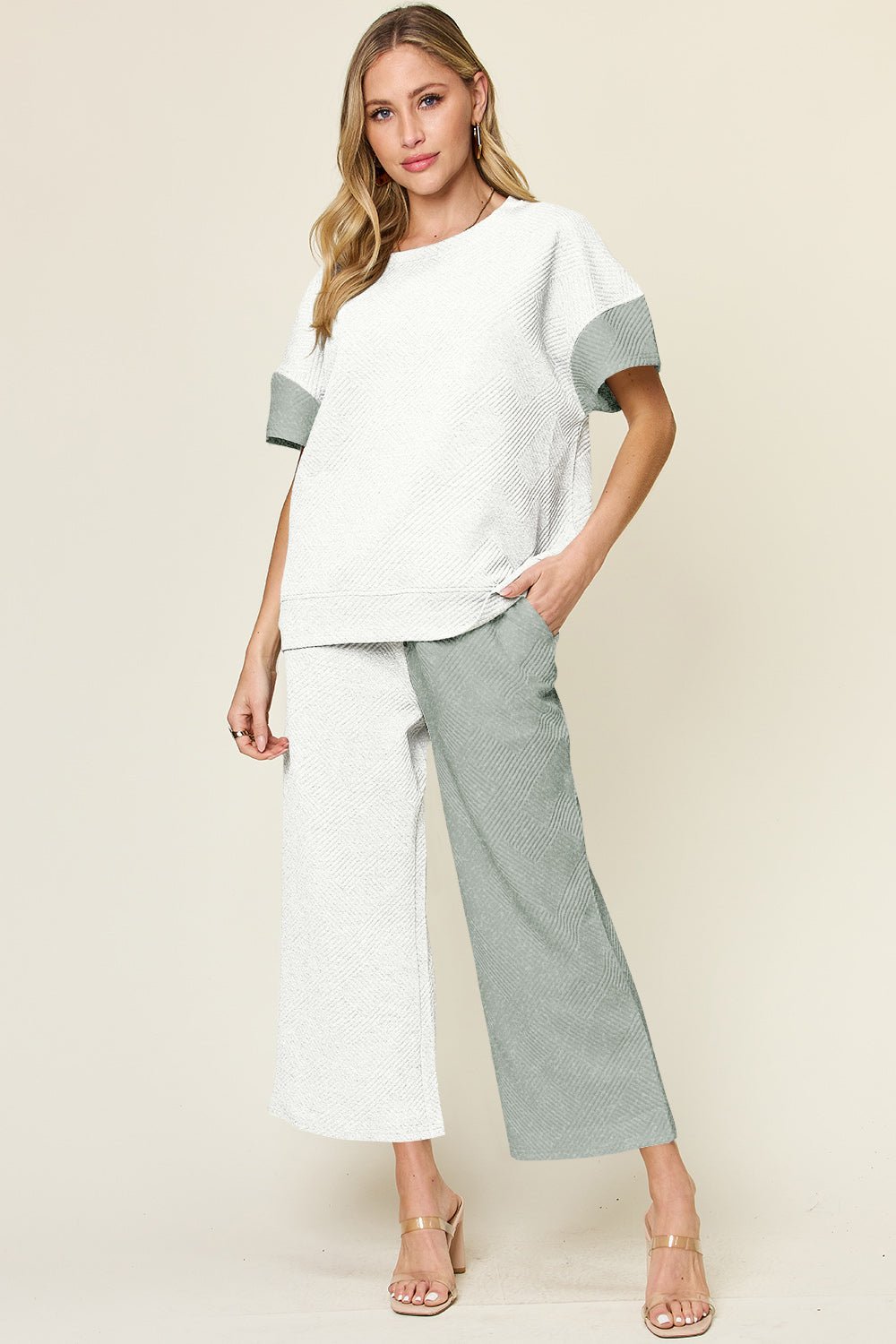 Double Take Full Size Texture Contrast T-Shirt and Wide Leg Pants Set - Creative Designs by Shanny