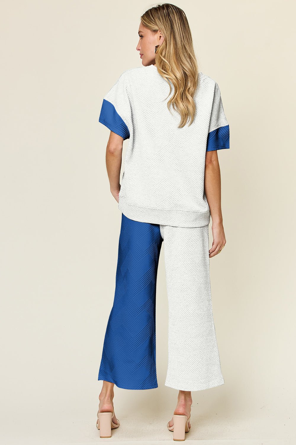 Double Take Full Size Texture Contrast T-Shirt and Wide Leg Pants Set - Creative Designs by Shanny